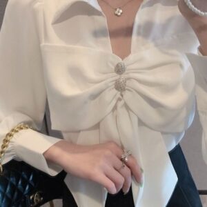 White Bow Shirt with Collar Top