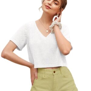 women wearing a white V-neck crop top