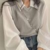Woman wearing a Grey V-Neck Long Sleeve Rayon Top