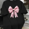 Women cotton black t-shirt with bow tied