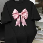 Women cotton black t-shirt with bow tied