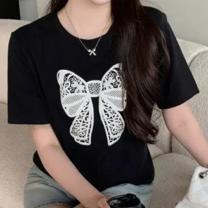 Women Black Cotton T-Shirt with White Lace Butterfly Print