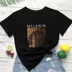 a black cotton blend t-shirt with printed text is Melanin