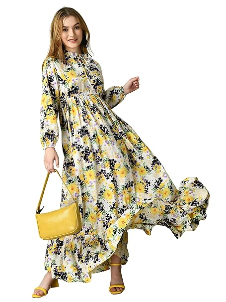 KZULLY | Floral Printed Maxi Dresses for Women | Long Sleeve Beautiful Floral Patterns | Stylish and Elegant Dress | Tie Neck