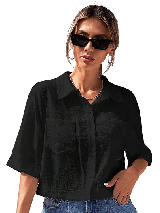 TOPLOT V-Collar Solid Crop Shirt for Women with Half Sleeves