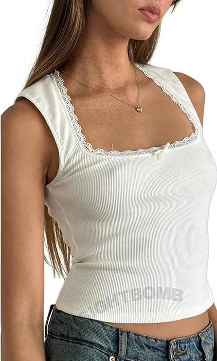 SIGHTBOMB V Strap LACE DEATIL Crop Length Ribbed TOP for Women