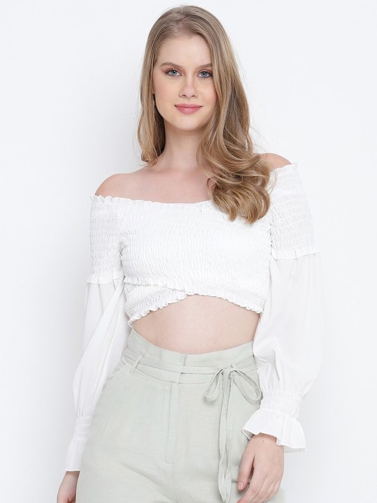 Oxolloxo
Women White Off-Shoulder Smocked Wrap Crop Top