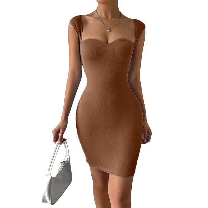 GLARE & BLAIR Solid Sweetheart Neck Short Sleeves Ribbed Mini Bodycon Dress for Women